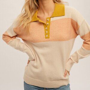 HEM & THREAD Colorblock Collared Sweater with Button Placket